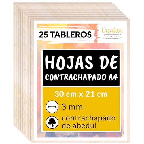 Creative Deco 25 x A4 Tablero Madera Manualidades Contrachapado | 300 x 210 x 3 mm (+/-2mm) | Chapa Maciza Abedul Maderas para Bricolaje | Pirograbado, Corte por Laser, CNC Router, Modelado