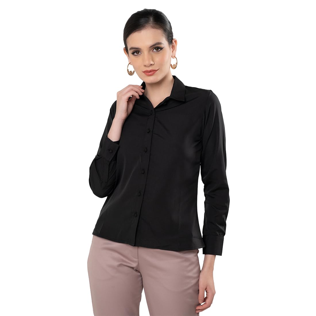 Black Formal Shirt for Women | Collar Neck | Slim Fit | Full Sleeves | Crepe Polyester | Solid Pattern Shirt Tops for Women | Workwear Women Formals | Pack of 1-image-39