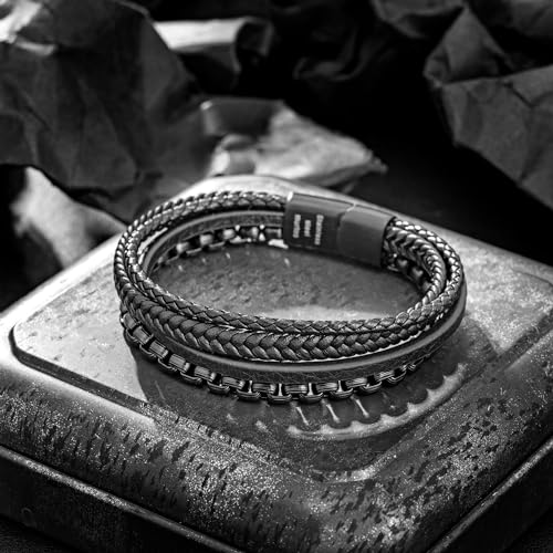 Image of murtoo Mens Bracelet leather and Steel, Stainless Steel Chain and Leather Bracelets for Men