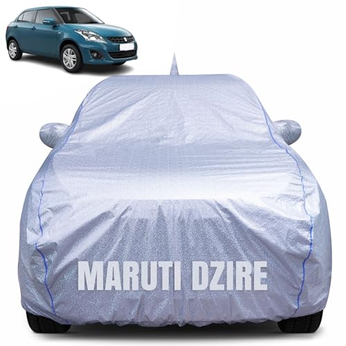 Image of 100% Waterproof Car Body Cover for Maruti Suzuki Swift Dzire (2012-2016) with Mirror Pocket, Heat & UV Resistant, Triple Stitched, Soft Lining, Bottom Elastic & Piping (Silver Reflective)