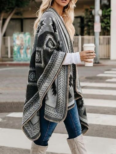 Image of Bestshe Women's Boho Open Front Poncho Plaid Shawl Wrap Cape | Tassel Cardigan Sweater, Cozy Layering, Fall Winter Clothes for Women