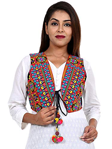 Image of Craft Trade Women's Cotton Embroidered Kutchi Jacket with Tassels Sleeveless Mirror Work