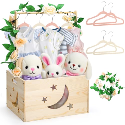 Jowgut Wooden Baby Shower Crate Closet, Large Capacity Toy Storage Basket with Handle Hanger Garland, Easy Assembly Storage Nursery Crate Hamper Personalized Gift Basket for New Parents