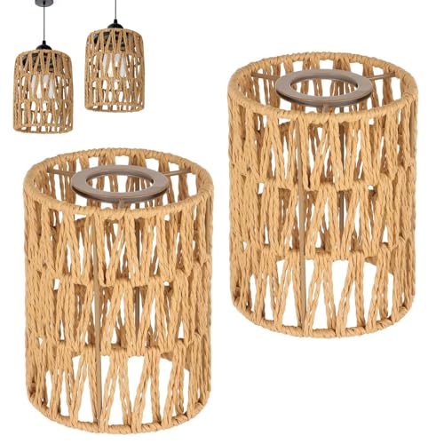 2 Stück Lampenschirm Boho, Zylinder Rattan Lampenschirm Outdoor...