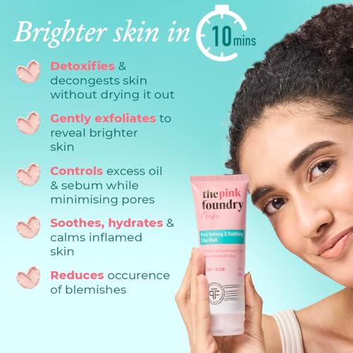 Image of The Pink Foundry Pore Refining & Soothing Clay Mask with Cica | Deeply Cleanses Skin, Increases Hydration & Absorbs Extra Oil from Skin | Minimises Pores & Reduces Excess Oil | For Men & Women | 100g
