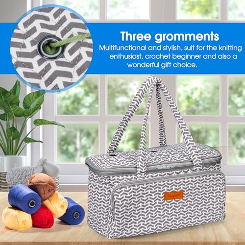 Image of Yarn Bag-Yarn Storage Organizer with Grommets-Portable Crochet Bag for Yarn Skeins-Crochet Hooks-Knitting Needles -Other Accessories (Gray-Arrow)