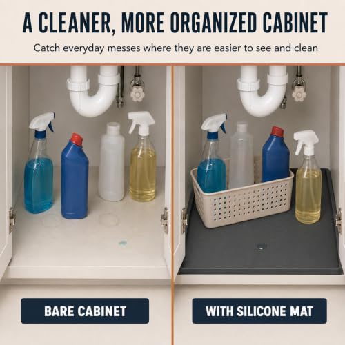 25“ x 19“ Waterproof Under Sink Mat for Bathroom,Kitchen,Pet Feeding Mat | Silicone Cabinet Liner Shelf Protector Organizer,Leaks Flexible Drip Tray- Holds 3.5 Gallons - Dark Gray - image 5