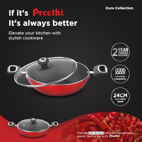 Image of Preethi Dura Collection Non Stick Kadai, 24 cm, with Glass Lid, Gas & Induction Compatible, 5 Star Non Stick Effect, Chilly Red