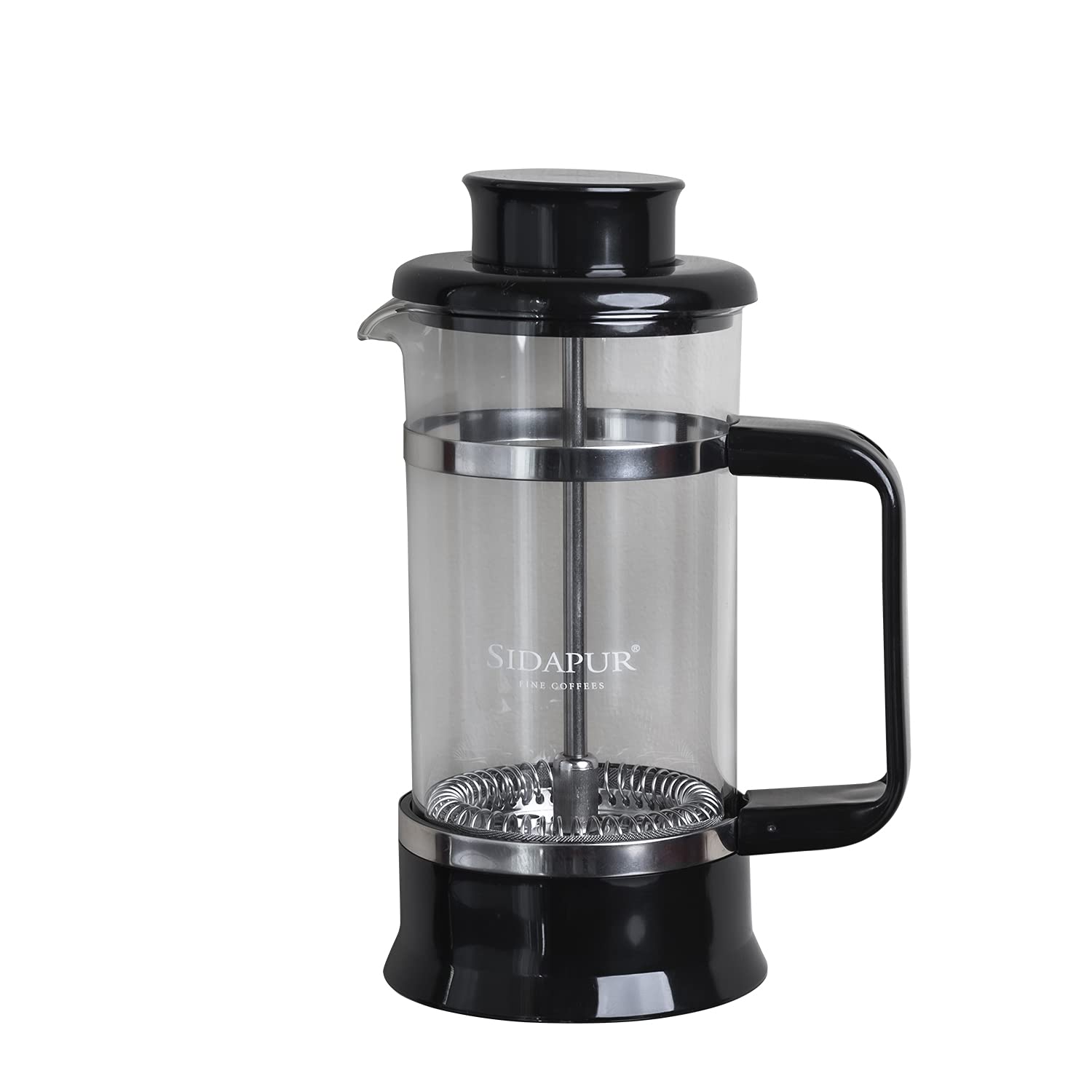Sidapur Luxe French Press Coffee / Tea Filter - 350 ml. 304 Stainless Steel. Heat Resistant Borosilicate Glass. Black, Glass & Chrome - Made in Taiwan