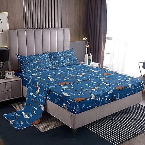 Homewish Bear Sheet Set Twin Size,Navy Cartoon Animals Bedding Set Kids Cute Fox Rabbit Bed Sheet 3Pcs for Girls Boys Bedroom Decor,Pine Tree Jungle Adventure Style Fitted + Flat Sheet,1 Pillowcase Cover