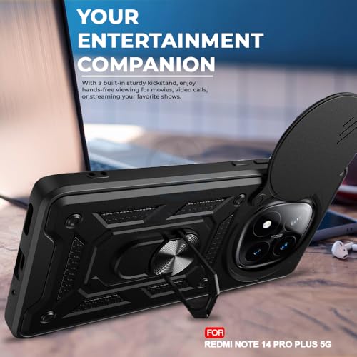 Image of AESTMO Tough Armor Redmi Note 14 Pro Plus 5G Bumper Back Case Cover | Ring Holder & Sliding Camera Shield Cover | 360 Degree Protection Back Case Cover for Redmi Note 14 Pro Plus 5G (Black)