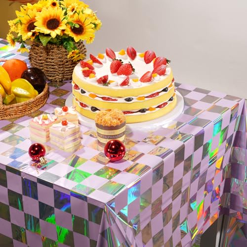 Image of 1Pack Iridescent Checkered and Purple Plastic Tablecloths Shiny Disposable Laser Rectangle Table Covers Holographic Foil Tablecloth Iridescent Party Decorations Birthday Bridal Baby Shower, 54x108Inch