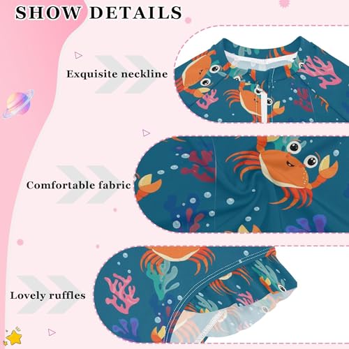 Cute Crab Girls Long Sleeve Rashguard Swimsuit UV Protection One-Piece Swimwear Bathing Suit B04040724