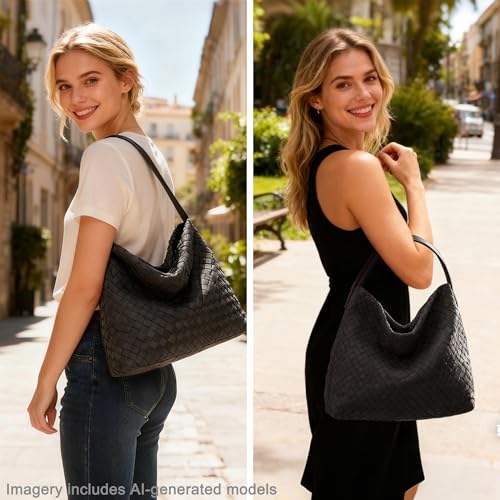 Bolso Tote Tejido de Cuero Vegano para Mujer Negro miniatura 2