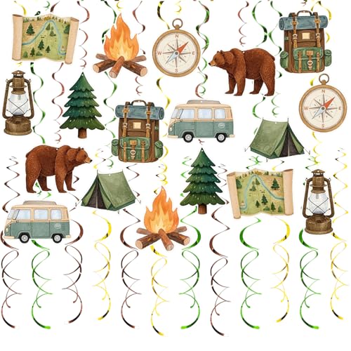 Image of Campining Hanging Swirl Set Party Decorations, 48 Pcs , Bear,Compass, Oil Lamps, Campfire,Tents, Bag, Tree Party Supplies Sign, Green Brown Orange