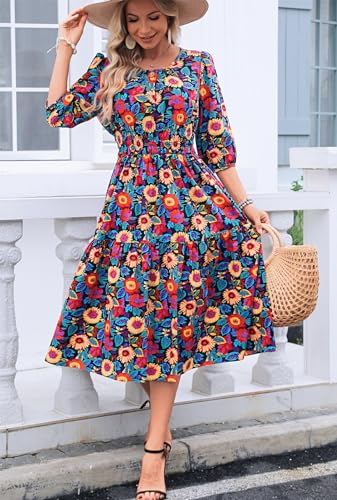 Image of Kormei Women Summer Casual Boho Floral Round Neck 3 /4 Sleeve Smocked Waist Tiered Flowy Swing Midi Dress L Black /Red