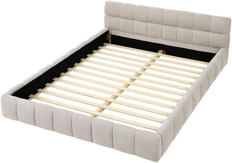 Upholstered Queen Bed with Headboard, Modern Soft Chenille Queen Size Platform Bed Frame with Wood Slat, No Box Spring Needed, Easy Assembly, Beige