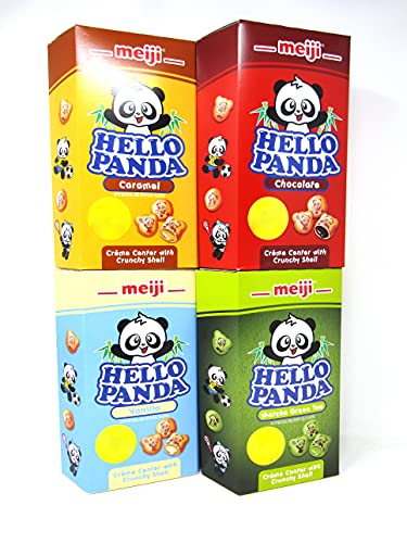 Meiji Hello Panda Biscuits 4 Variety Sampler Set Great for Travel Pack or Gift | Vanilla | Chocolate | Matcha Green Tea | Caramel | 8 Count