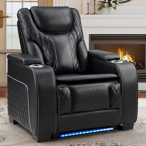 ANJ Dual Motor Power Recliner with Adjustable Headrest, Home Theater Seating with USB&Type-C Charging Ports, LED Light Strips, Cup Holders & Arm Storage, Electric Reclining Chairs, Deep Black