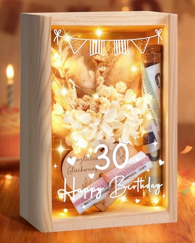 Geldgeschenke 30. Geburtstag Frauen Geschenkbox inklusive Trockenblumen+LED Lichterkette+Reagenzglas+Geburtstagskarte Geschenke zum 30 Geburtstag Frau Geburtstagsgeschenk für Frauen 30