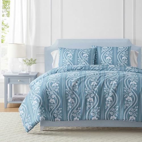Image of Martha Stewart - King Comforter Set, Smooth Sateen Front with Subtle Sheen & Lightweight Cotton Percale Reverse, 3 Piece Bed Set with Matching Pillowcases (Sophia Stripe Blue)