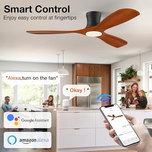 Image of 52 inch Low Profile Smart Ceiling Fans with Light Remote,Flush Mount,Wood,Quiet