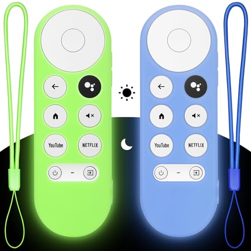 2PC Cover-Case-for-Chromecast-Google-TV-Remote Glow-in-The-Dark Silicone Sleeve Skin for Google Chromecast 4K/HD (Green + Blue)