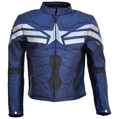 LEATHERAY Men's Fashion Motorbike Captain America Real Leather Jacket Blue S