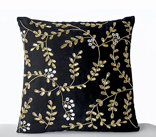 Amore Beaute Decorative Throw Pillow Covers - Handcrafted Black Gold Pillow Cases Embellished with Sequin Beads Detail in Leaf Pattern- Beaded Sofa Pillowcases in Black Faux Silk- Silk Pillows Covers -Accent Pillows Covers - Gift Pillow - Modern Couc