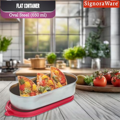 Image of Signoraware Flat Stainless Steel Oval Container | Airtight & Leakproof | Dishwasher safe | Best for School, Office, Picnics & Outdoor Activities | Great for Kids & Adults (650ml | Red)
