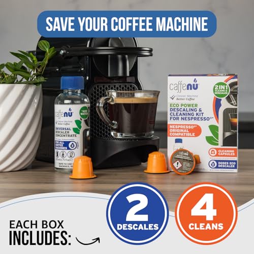 Image of Caffenu Nespresso Originaline Descaling Kit, 2-Use Solution and 4 Pods | Cuts through limescale, clears the pod area, and restores hotter, better-tasting coffee, includes 2-use solution and 4 pods.