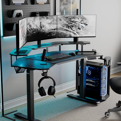 Image of EUREKA ERGONOMIC Aero 55 Inch W Shaped Electric Standing Desk, Height Adjustable Computer Gaming Desk with LED Monitor Shelf, Mouse Pad, Headphone Hook, Cup Holder, Carbon Black