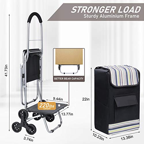 Klvied Folding Shopping Cart for Groceries, Heavy Duty Stair Climber Cart with Tri-Wheel, Metal Utility Trolley Dolly with Foldable Chair, Bigger Waterproof Shopping Bag, Adjustable Elastic Rope - Thumbnail 6