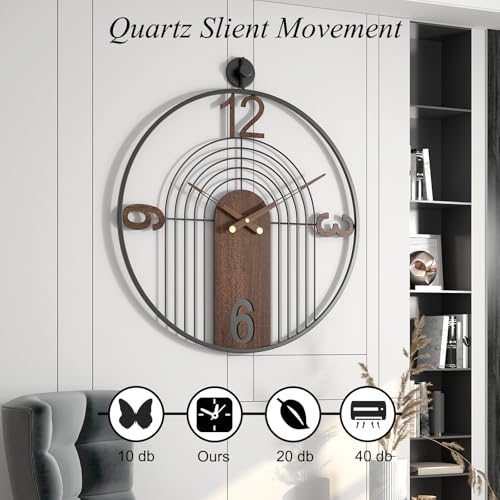 Image of Large Modern Walnut Dial Wall Clock, Wood Metal Frame Silent Non Ticking Decoration Wall Clocks for Living Room, Bedroom, Kitchen, Study, Handmade Home Decor Gift Idea, 26.4 Inch