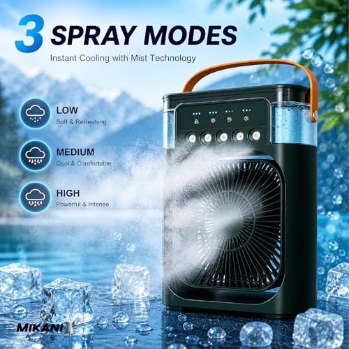 Image of MIKANIX Mini Small Cooler Fan for Kitchen, Home & Office Desk, Table with USB Cable Cord, 3 Wind Speed Mode with Cooling Water Misting, Green