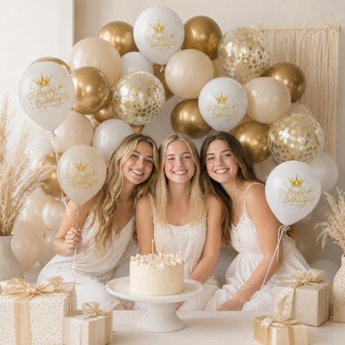 Image of White and Gold Birthday Balloons for Women Girls, Sand White Cream Beige Printed Balloons with Metallic Light Gold Confetti Balloon for Girls Women Boho Neutral Birthday Party Decorations
