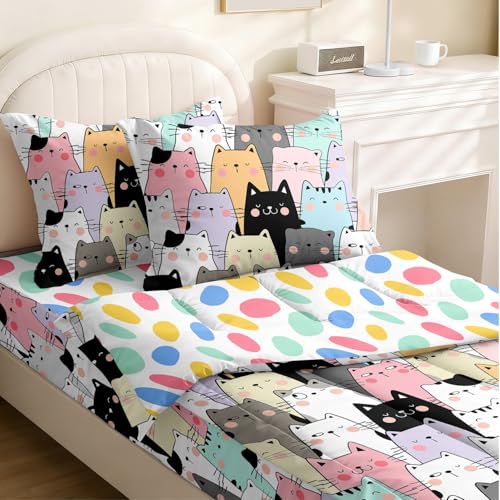 Image of Kids Comforter Set,Zipper Bedding Twin for Girls,Cats Printed Comforter Set with Color Spots Fitted Sheets and Pillowcases for All Season(Cat)