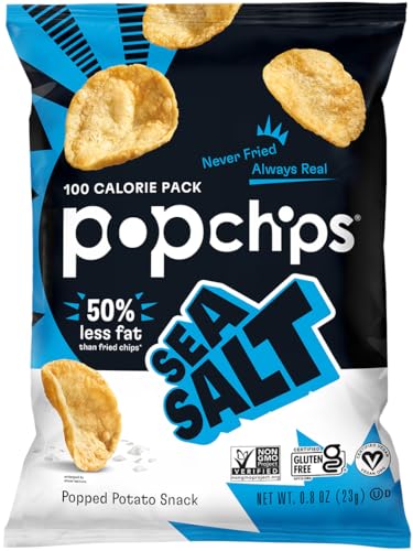 Popchips Potato Chips, Sea Salt, 12ct Single Serve 0.8oz Bags, Low-Calorie and Gluten Free, Salty Snacks for Adults and Children, Non-GMO, Vegan & Kosher Friendly, 100 Calories Per Bag