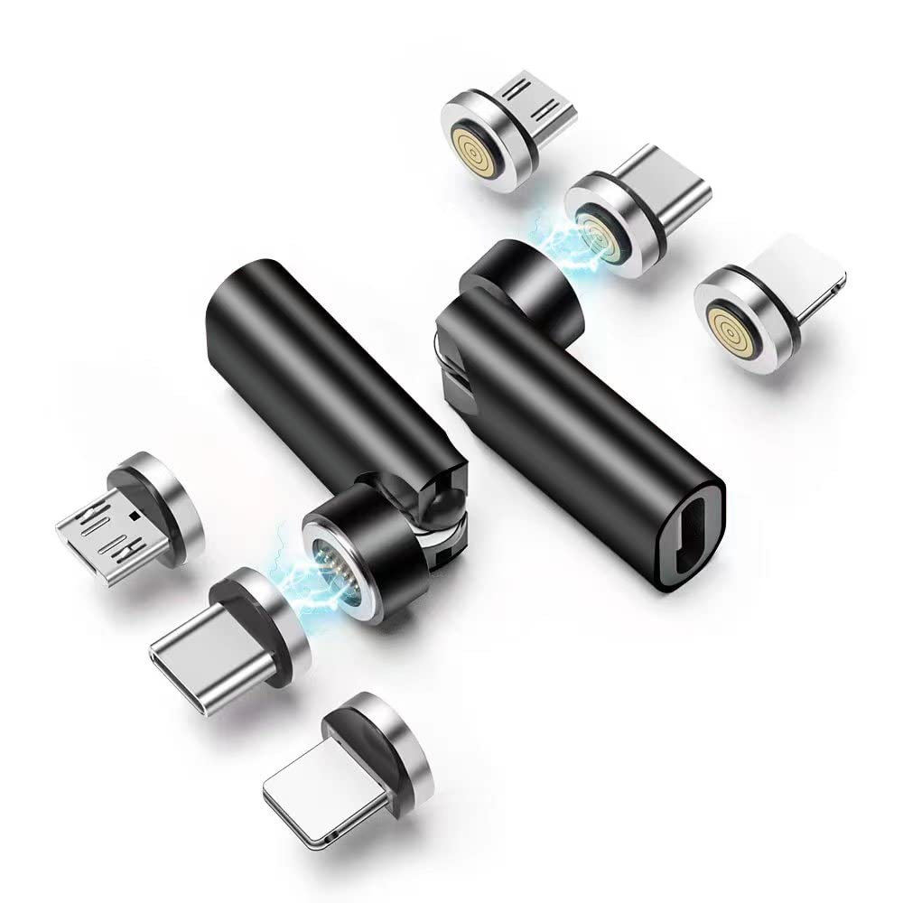 SHEEAST Magnetic USB C Adapter 2 Pack 540 Degree Rotaion 3 in 1 USB C Magnetic Adapter QC 3.0 Fast Charging Max Support 3A, Black