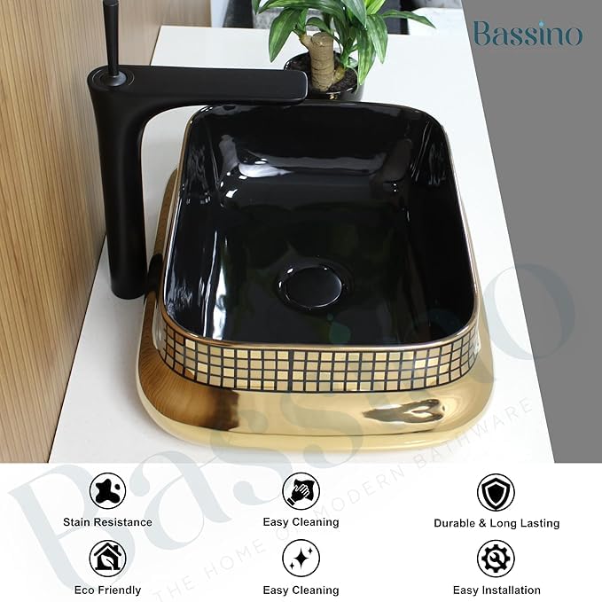 Image of BASSINO 18x14x6 Inches Ceramic Counter Top Wash Basin /1 Year Warranty /Black & Gold Basin for Bathroom /Rectangular Shape Tabletop Washbasin for Restaurant /Dining Hall /Living Room /Home(Glossy)