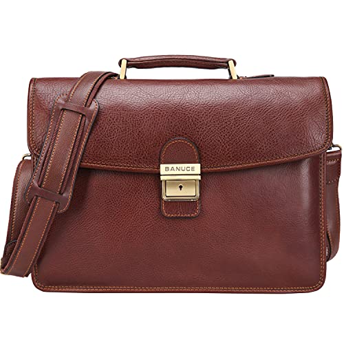 Banuce Mens Leather Briefcase For Men With Lock Attache Case 14 Inch Business Bags Office Work Bag #TOP26