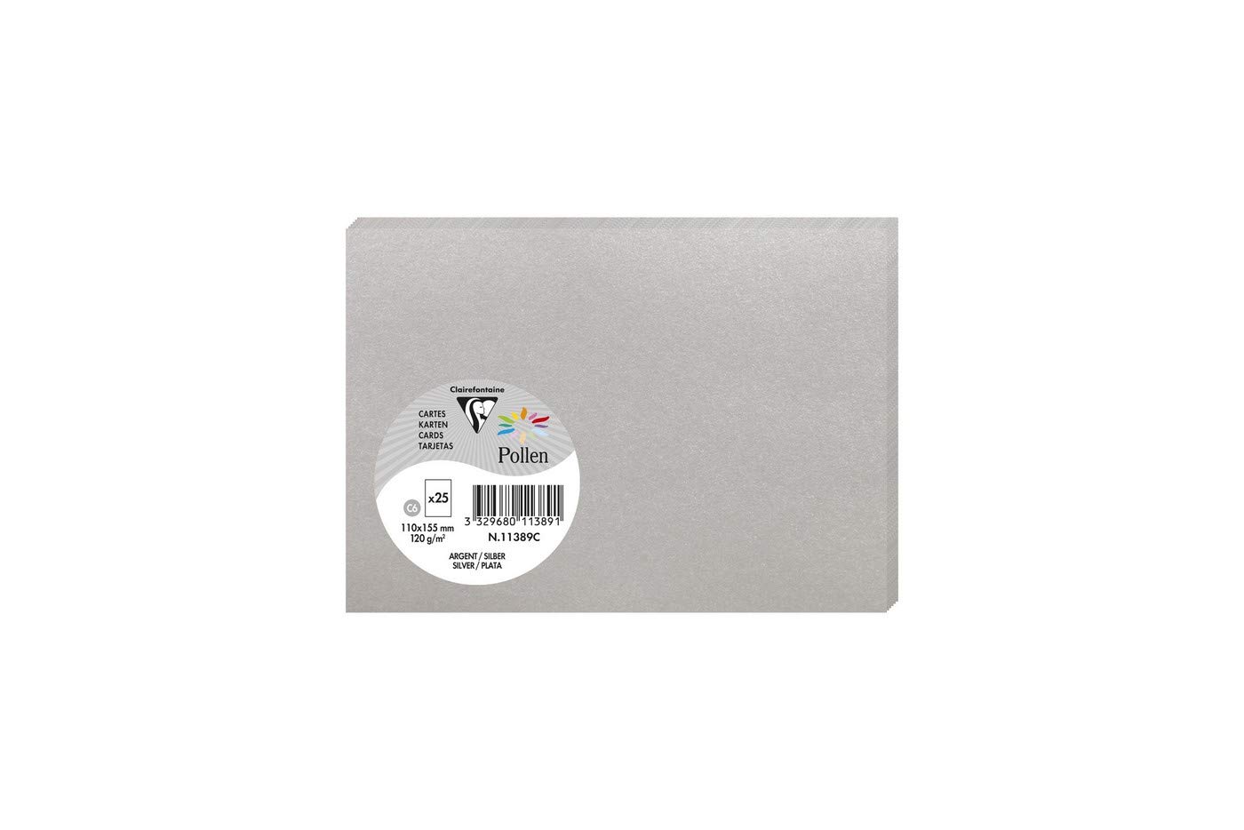 Clairefontaine 11389C Silver Iridescent Paper Pack of 25 Plain Cards C6 11x15,5cm 210gsm Invitation and Correspondence Cards Pollen Range Premium Smooth
