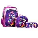 Kit Escolar Infantil com Mochila, Lancheira Térmica e Estojo, Estampas 3D Gatinho, com Luzes Piscantes, para Meninas