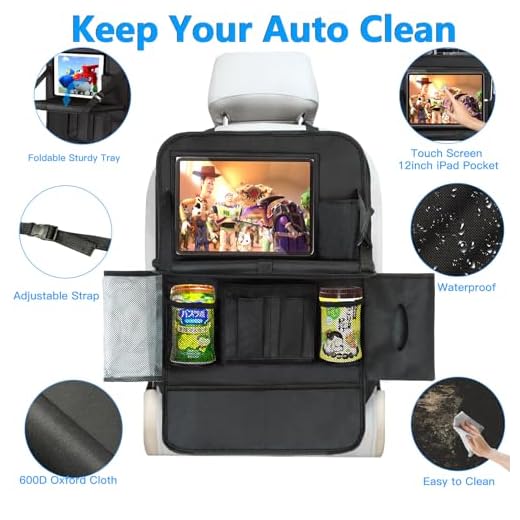 Auriton Organizador Asiento Coche, Organizadores para Coche con 13 Bolsillos, Bandeja Mesa Plegable, Protector Asiento Coche Bolsillo de la Pantalla Táctil para iPad Tablet 13'', 2 PCS Ganchos