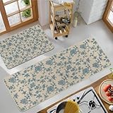 Blue Vintage Floral Kitchen Rugs Sets of 2,Toile Cottage Core Kitchen Rugs and Mats Set, Farmhouse printed Linen Kitchen Mats for Floor, French Kitchen Rug for Hallway Laundry Room (17'x47'+17'x30')