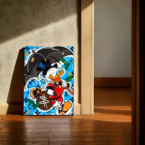 Image of Luxury Cartoon Duck Pop Art Canvas Wall Art Painting For Living Room | Money & Success Theme Street Art Wall Art Painting | Modern Graffiti Style Artwork for Home & Office, 41x56 cm