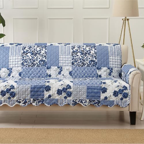 Image of Great Bay Home Reversible Patchwork Sofa Cover - Washable Slipcover Furniture Protector with Elastic Straps - Perfect for Kids & Pets - Box-Stitched Detail (Navy)