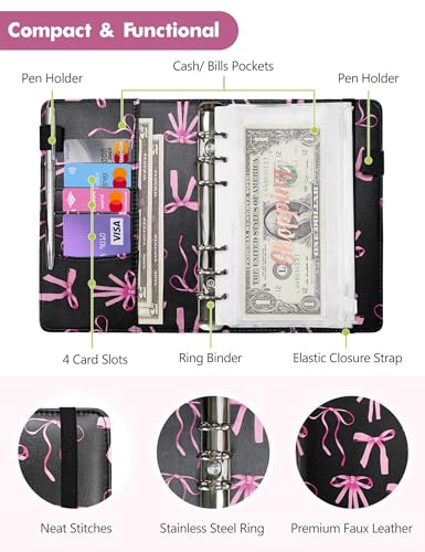 Image of A6 Budget Binder for Money Saving, PU Leather Budget Planner with 8 Cash Envelopes, Budget Sheets & Rose Gold Category Stickers, Money Organizer for Cash (Black Bow)