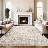 Soalmost 8x10 Area Rugs for Living Room, Stain Resistant Washable Rugs for Dining Room, Kitchen, Floral Vintage Non-Slip Thin Large Area Rug Light Brown