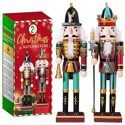 REDSTAR 2pc Christmas Nutcracker Soldier 30cm Wooden Nutcracker Christmas Decorations for Fireplace - 2 Pack Wooden Figures Indoor Ornaments - Xmas (Blue)